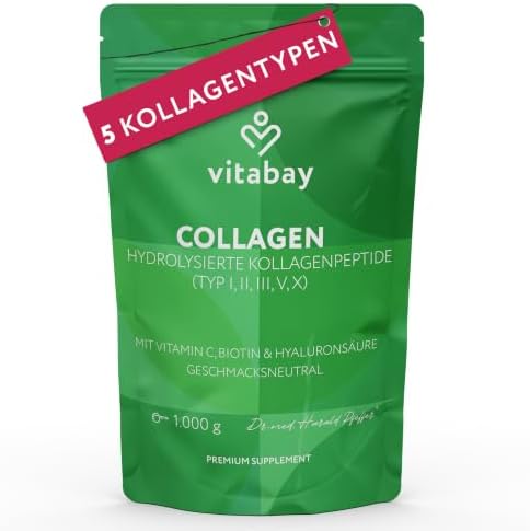 Vitabay Kollagen Pulver Komplex 1 kg Hochdosiert – Biotin & Hyaluronsäure | Bioaktive Collagen Hydrolysat Peptide Typ 1, 2, 3, 5, 10 – mit Vitamin C – Reine Qualität – Laborgeprüft