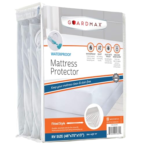 Image of Guardmax Jersey Knitted RV Size Mattress Protector - Waterproof & Dust Mite Proof Mattress Cover with Stretchable Pockets - Soft, Comfortable, & Noiseless Waterproof Fitted Sheet.(48 x 75 X 13)