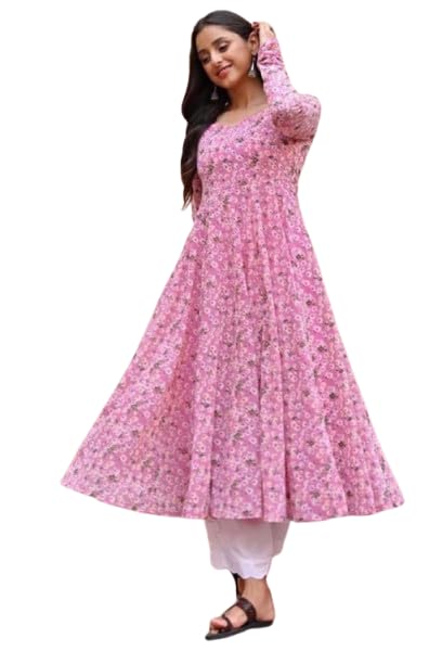 Women’s Pink Printed Georgette Long Kurti with Flared Sleeves (in, Alpha, L, Regular)