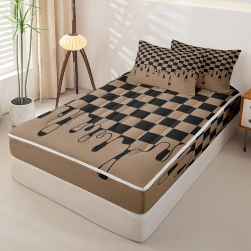 Image of Tan Black Brown Checkered Zipper Bedding Set Twin - 4 Piece Zip Up Comforter with Fitted Sheet & Pillowcases,Soft Bed-in-a-Bag Set Bedding for Girls,Checkerboard Drip Grunge Aesthetic Geometric