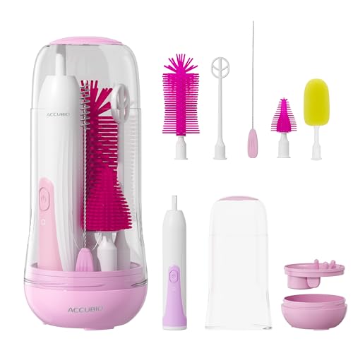 Image of ACCUBIO Electric Bottle Brush Set, Rechargeable Electric Baby Bottle Brush, Automatic Bottle Cleaner Kit, Waterproof Multi-Purpose Cleaning Brush with Free Sponge Replacement Brush, Pink, AB-001P