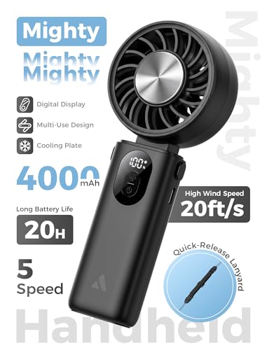 Image of Aecooly Mighty Portable Handheld Fan with Cooling Plate | 20H Max Cooling Time | 3 Flexible Modes | 5 Speeds Wind | Battery Level Display | Mini Personal Battery Powered, Gifts for Women, Travel-Black