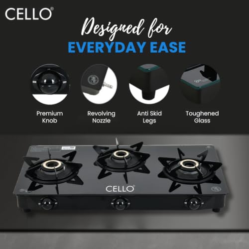 Image of Cello DEZIRE PRO PLUS 3 Burner Gas Stove | Manual Ignition | Direct Flame Brass Burners | 6mm Toughened Glass Top | Hexa Pan Supports | ISI Certified | LPG | 1Yr Warranty