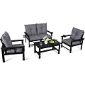 WENTUM 5-Piece HDPE Patio Conversation Set w/ 4 Cup Holders, All-Weather Outdoor Sectional Furniture, Thick Washable Cushions, Coffee Table & Side Table for Backyard Porch Poolside, Black