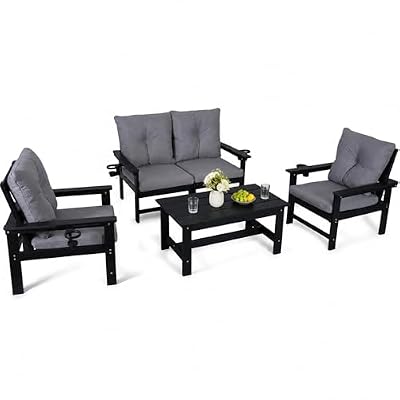 WENTUM 5-Piece HDPE Patio Conversation Set w/ 4 Cup Holders, All-Weather Outdoor Sectional Furniture, Thick Washable Cushions, Coffee Table & Side Table for Backyard Porch Poolside, Black