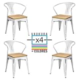 Uso exclusivo en interiores. Vaukura Silla Tolix con Brazos (Pack4) - Silla Industrial Metálica Acabado Vintage Asiento de Madera (Blanco)