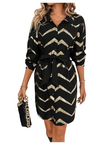 GORGLITTER Women's Metallic Graphic Button Short Shift Dress Long Sleeve Collared Belted Shirt Dresses Black and Gold Large