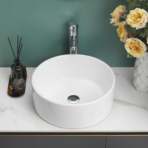 BELOFAY Modern Bathroom Basin Sink, Counter Top White Cloakroom Ceramic Basin for Bathroom, Vanity Cabinet, and Toilet (Round Without Over-Flow)
