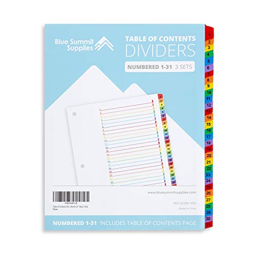 Blue Summit Supplies 31 Tab Binder Dividers for 3 Ring Binder, Day of The Month Dividers with Multicolor Numbered Tabs, Includes Customizable Table of Contents Index, 3 Sets