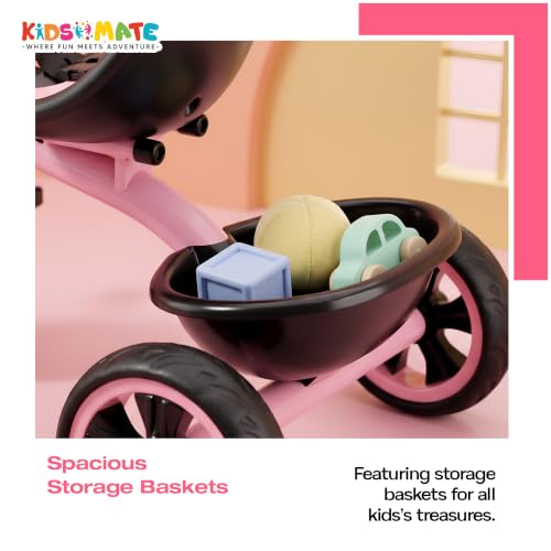 Image of Kidsmate Zoom Trike Cycle for Kids 2-5 Years | Tricycle for Kids | Tricycle for Boys & Girls | Baby Cycle with Anti-Skid EVA Wheels, Bell, Front & Rear Basket, Comfortable Seat | 30kg Capacity - Pink