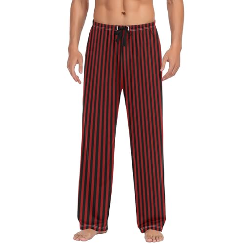 Lounge Pajama Pants for Men Red Black Stripes Men's Sleep Bottoms Pants with Drawstring, S