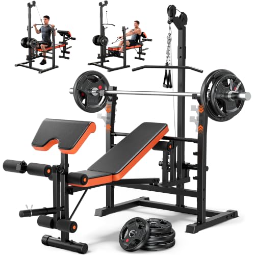 Image of Fostoy Olympic Weight Bench with Lat Pulldown, Squat Rack & Leg Curl