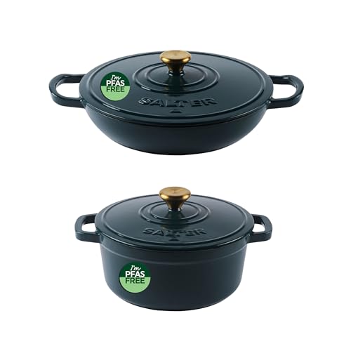 Salter Chester 30cm Shallow & 20cm Cast Iron Casserole Pot Set - Durable Dutch Ovens with Enamel Coating, Self-Basting Lids, Oven Safe, PFAS-Free, Green