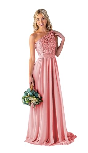 Image of LANGKAAO Women's One Shoulder Bridesmaid Dresses Long for Wedding with Pockets Lace Bodice A-Line Chiffon Formal Party Gown