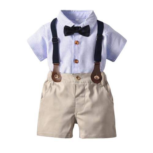 UUAISSO Niño Bebé Niño Caballero Trajes De Manga Corta Mono Camisas Tirantes Pantalones Verano Infantil Pequeño Niño Trajes rayas azules 18-24 meses