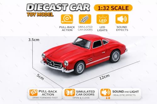 Image of Mercedes Vintage Diecast Toy Car -1:36 Scale Pull Back Metal Classic Car Model with Openable Doors, LED Lights & Music - Alloy Mini Vehicle Gift for Kids, Boys & Collectors【RED】