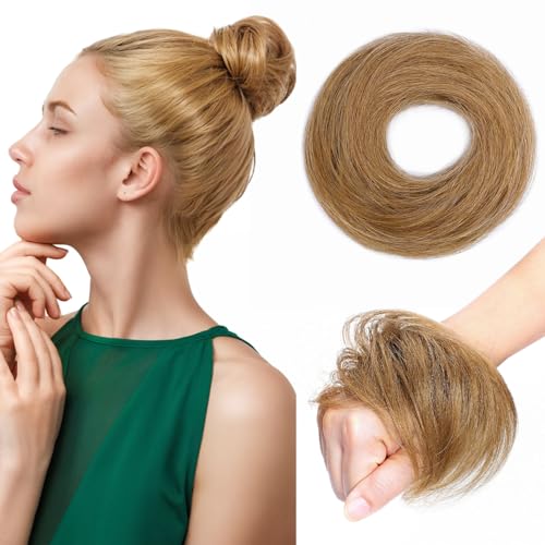 TESSHAIR Human Hair Messy Bun, 100% Real Hair Bun Extensions for Women,Natural Wavy,2 Count#-12 Golden Brown