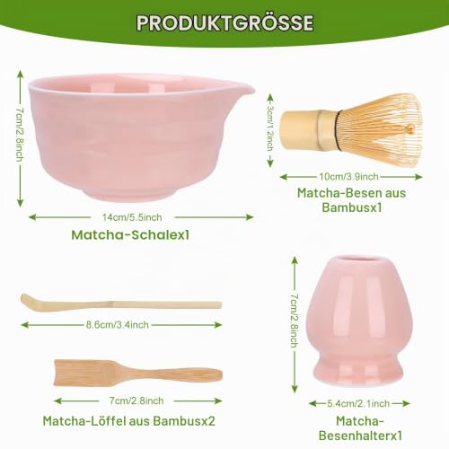 Matcha-Set Rosa mit Matcha Besen Matcha Schale mit Ausgießer Besenhalter aus Keramik und Löffel - 5 Stück Matcha Set Pink für Teeliebhaber – Ansicht 3