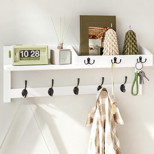 Image of AMBIRD Wall Hooks with Shelf, 26.57 Inch Entryway Wood Coat Hooks for Wall, Coat Rack Wall Mount with 5 Dual Hooks 3 Key Hooks Mail Organizer and Key Rack Holder (White)