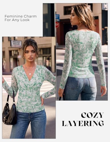 GRACE KARIN Mesh Long Sleeve Tops for Women,Wrap V Neck Boho Top Dressy Casual,Ruched Floral Blouses Clothes Green M — view 5