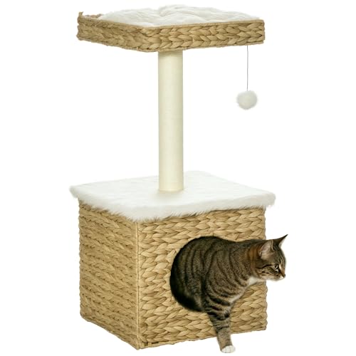 PawHut Arbre à Chat 2 Niveaux avec 1 Niche, 1 Poteau sisal, 1 Plateforme d'observation et 1 Pompon Suspendu - 2 Coussins Amovibles - Jacinthe d'eau