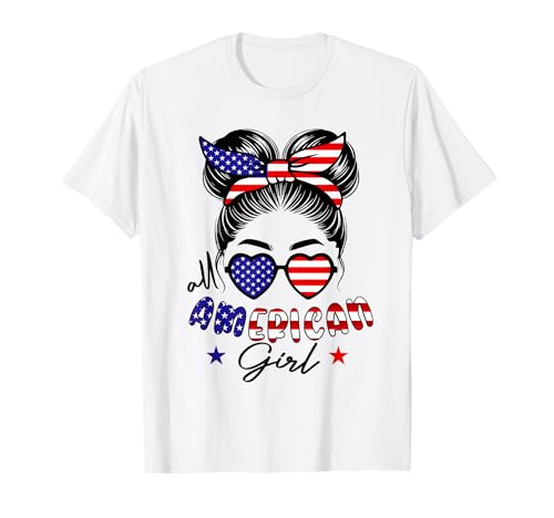 All american girl 4th of july women messy bun usa flag T-Shirt