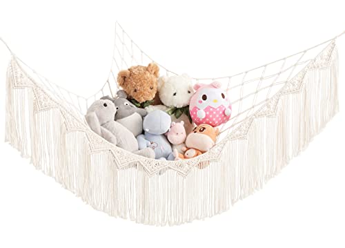 Image of Mkono Stuffed Animal Hammock Corner Macrame Toy Storage Organizer with Lights and Tassels Boho Hanging Stuff Animals Net Large Capability Toys Display Holder for Nursery Kid Room Playroom, 1 piece