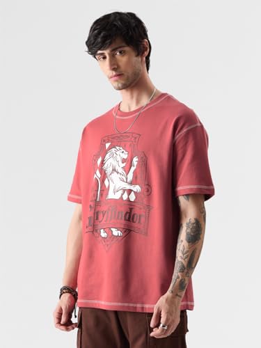 Image of The Souled Store Official Harry Potter: Gryffindor Gang Men and Boys Oversize Fit Half Sleeve Graphic Printed Cotton Maroon Color T-Shirt