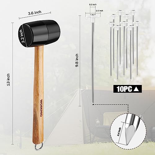 WORKPRO-Tent-Stakes-and-Hammer-Set-16oz-Rubber-Mallet-Hammer-Wooden-Handle-10PC-Heavy-Duty-Metal-Tent-Stakes-and-Storage-Bag-DIY-Woodworking-Camping-Accessories-for-Ground-Camp-and-Graden