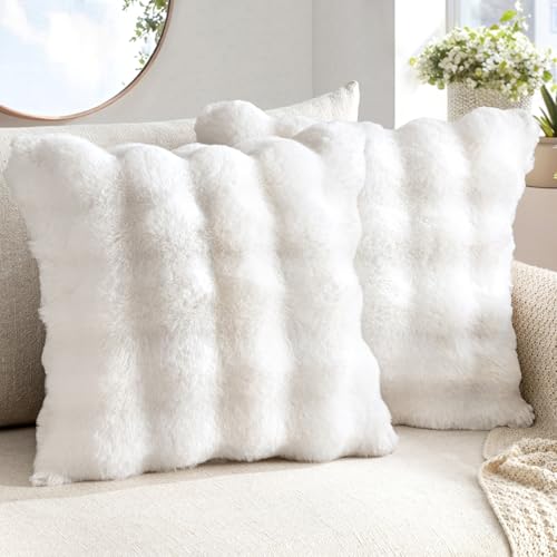 MIULEE Weihnachten Plüsch Kissenbezug 40x40 cm Flauschig Kissen Sofakissen Fell Beide Seiten Kurze Wolle Dekokissen Luxus Square Kissenhülle für Sofa für Schlafzimmer Waschbar Deko Weiß 2er Set