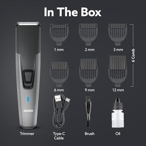 Image of AGARO Beard Trimmer MT5005, 90 mins run time with Type C, 6 comb attachments, Self sharpening blades | Trimmer for Men