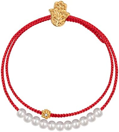KARMA AND LUCK - Transcending Awareness - Women's Real Pearl 18K Gold Plated Brass Lotus Charm Adjustable Drawstring Closure Wrap Red String Bracelet Handmade in Bali