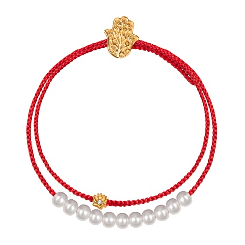 Karma And Luck - Transcending Awareness - Women's Real Pearl 18K Gold Plated Brass Lotus Charm Adjustable Drawstring Closure Wrap Red String Bracelet Handmade In Bali #TOP17