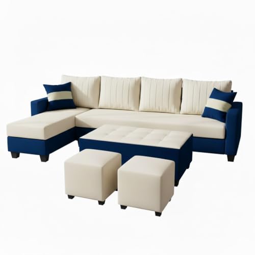 Image of FURNY Avenue 8 Seater Fabric LHS L Shape Sofa Set with 1 Centre Table & 2 Puffy (Cream-Dark Blue) Premium Velvet Finish