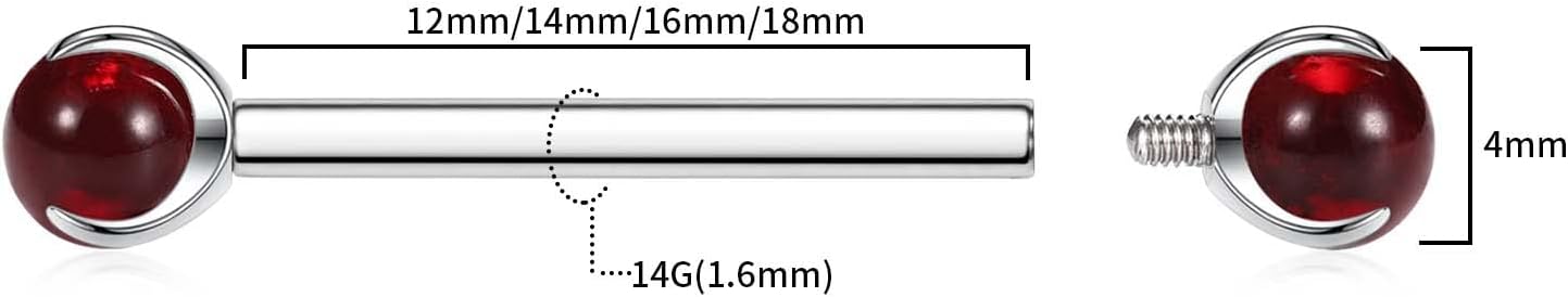 GAGABODY Nipple Piercing Jewelry Prong Set Internal Thread Nipple Rings Silver Internally Threaded Tongue G23 Titanium Nipple Piercings 18mm 14g Nipple Barbells Red Imitation Jade Nipple Jewelry - Image 3