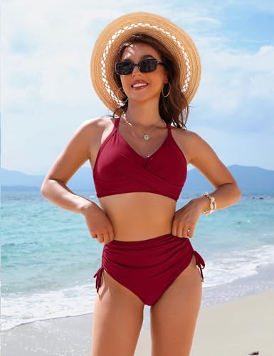 Image of Blooming Jelly Womens High Waisted Bikini Sets Drawstring Tummy Control Swimsuits Crisscross Tie Back Bathing Suit