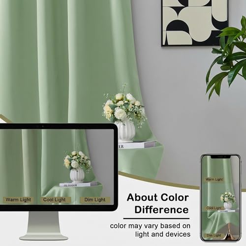 Image of Light Green Blackout Curtains for Bedroom 63 Inch Length 2 Panels, Protect Privacy Thermal Insulated Solid Curtains for Living Room, Rod Pocket Window Treatment Blackout Drapes, 2x40Wx63L Inches