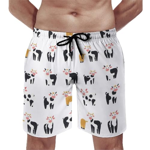 Hawaiian Shorts for Men - Comfy Cute Cow Cartoon Print Mens Swim Trunks Bathing Suits with Mesh Lining