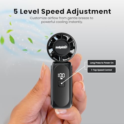 Image of SAL-TF-05 Mini Portable Fan with 13000 RPM Brushless Motor, 5 Speed Adjustment, Rechargeable USB Fan, Compact Handheld Cooling Fan for Travel, Office, Makeup & Outdoor Use (Black)