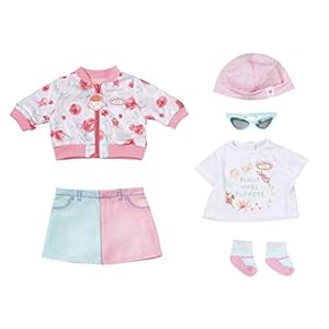 Zapf Creation 705957 Baby Annabell Deluxe Frühling 43 cm – Puppenkleidung Set bestehend aus rosa Puppenjacke, Rock, Mütze, weißem Shirt, Sonnenbrille und Socken
