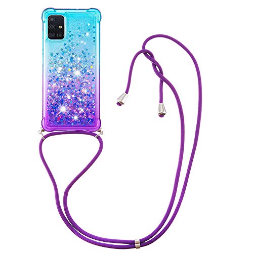 Funda para Samsung Galaxy A71 con Cuerda, Glitter Bling Carcasa Transparente Crystal Liquida TPU Suave Silicona Case con Correa Colgante Ajustable Collar Correa de Cuello Cadena Cordón, Azul púrpura