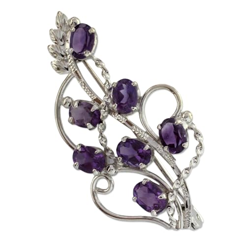 NOVICA Artisan Handmade Amethyst Floral Brooch Pin 7 Carats Sterling