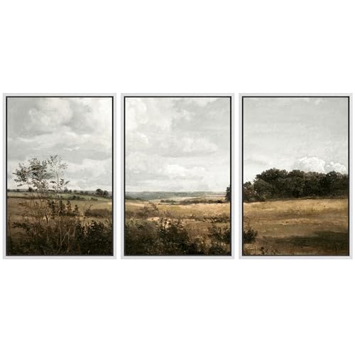 MUDECOR Framed Canvas Print Wall Art Rustic Fields Tranquil Countryside Landscape Nature Wilderness Illustrations Realism Decorative Panoramic Earth for Living Room, Bedroom, Office - 16"x24"x3 White