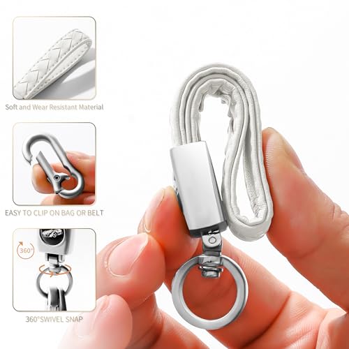 Image of Gkeygo Carabiner Keychain, Universal Heavy Duty Woven Handmade Leather Key Chain, Car Fob Key Keychains with 360 Degree Rotatable Snap Swivel and Anti-Lost D-Ring for Men and Women, Silver - White