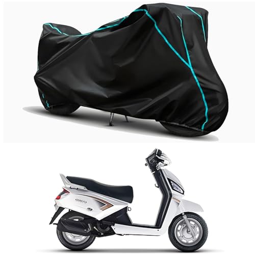Image of Waterproof Bike Body Cover Compatible for | Mahindra Gusto 110 | Taffeta Fabric, Sky Piping Design, Bottom Elastic Fit | Dustproof, Sun UV & Rain Protection for All Weather.