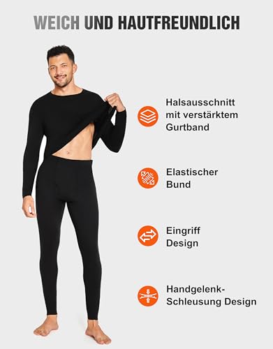 YESWEL 100% Merino Unterwäsche Herren Set, Weich Winter Thermounterwäsche, Warme Merinowolle Skiunterwäsche, Langarm Shirt und Hose Funktionsunterwäsche (Schwarz,L)