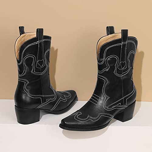 Image of Womens Embroidered Cowgirl Boots Pull On Cowboy Boots for Women Floral Low Chunky Heel Western Boots