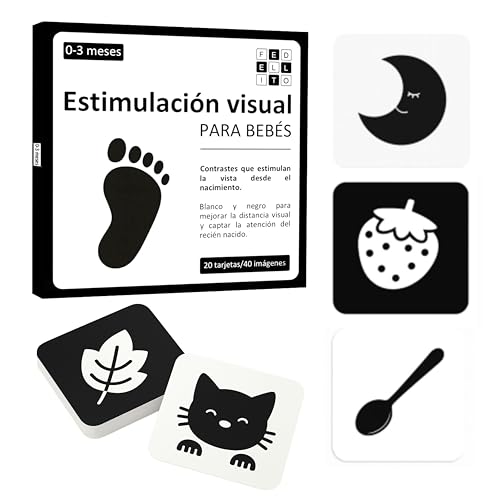 Cartões de estimulação visual para bebés 0-3 meses - preto e branco de alto contraste - conjunto de 20 cartões com 40 imagens - jogo sensorial educativo e presente para recém-nascidos - FEDELLITO