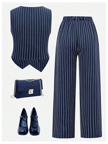 OYOANGLE Girl's Two Piece Striped Outfits Set Sleeveless Button Up Vest Elastic Waist Pants Clothing Set Blue 10Y