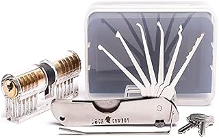 7-in-1 Lock Picking Set with Transparent 2-in-1 Training Lock by LockCowboy + Bonus E-Guides for Beginner and Pro Locksmiths